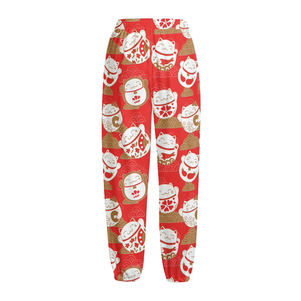Japanese Lucky Cat Pattern Print Fleece Lined Knit Pants