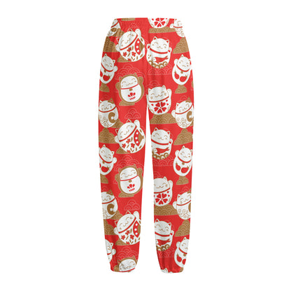 Japanese Lucky Cat Pattern Print Fleece Lined Knit Pants