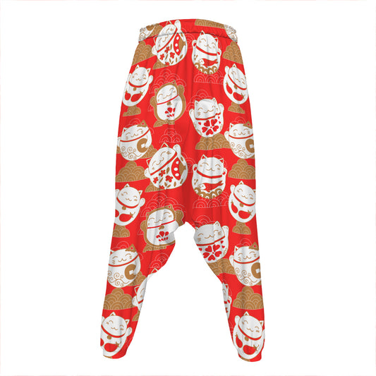 Japanese Lucky Cat Pattern Print Hammer Pants