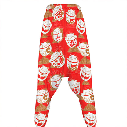 Japanese Lucky Cat Pattern Print Hammer Pants