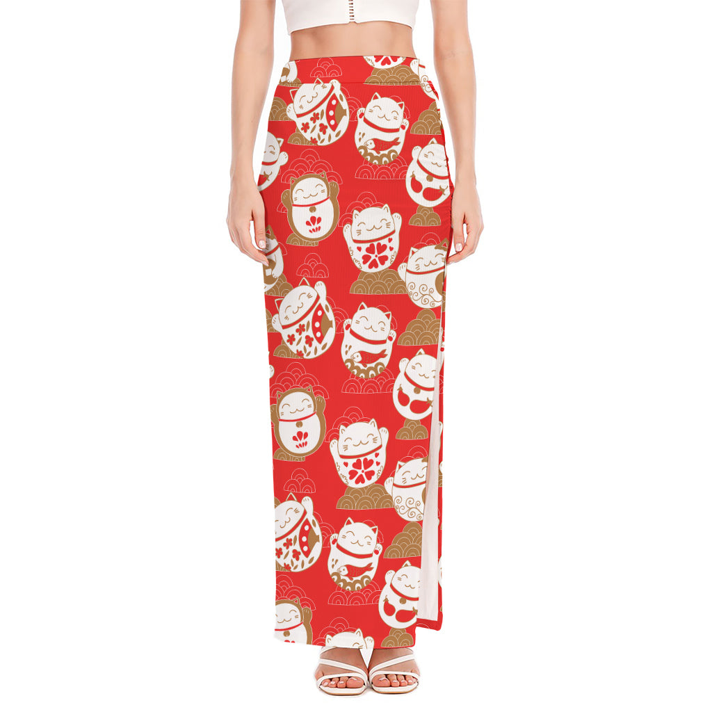 Japanese Lucky Cat Pattern Print High Slit Maxi Skirt