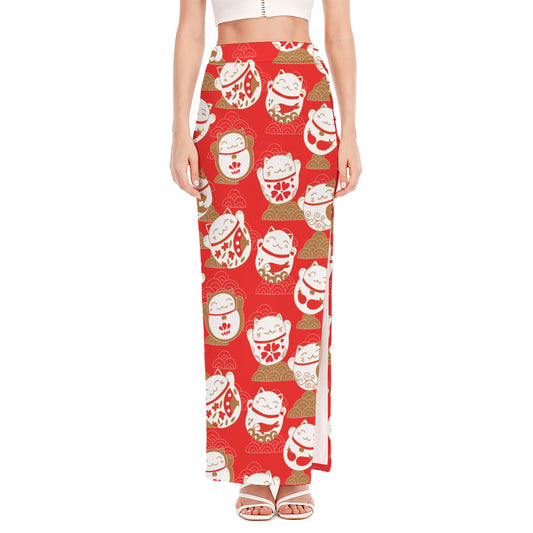 Japanese Lucky Cat Pattern Print High Slit Maxi Skirt