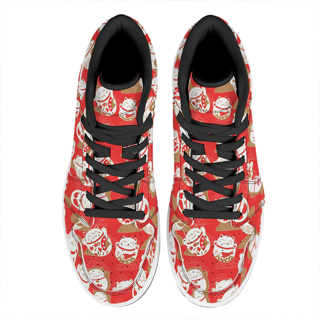 Japanese Lucky Cat Pattern Print High Top Leather Sneakers