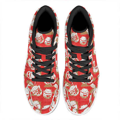 Japanese Lucky Cat Pattern Print High Top Leather Sneakers