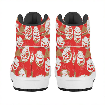 Japanese Lucky Cat Pattern Print High Top Leather Sneakers