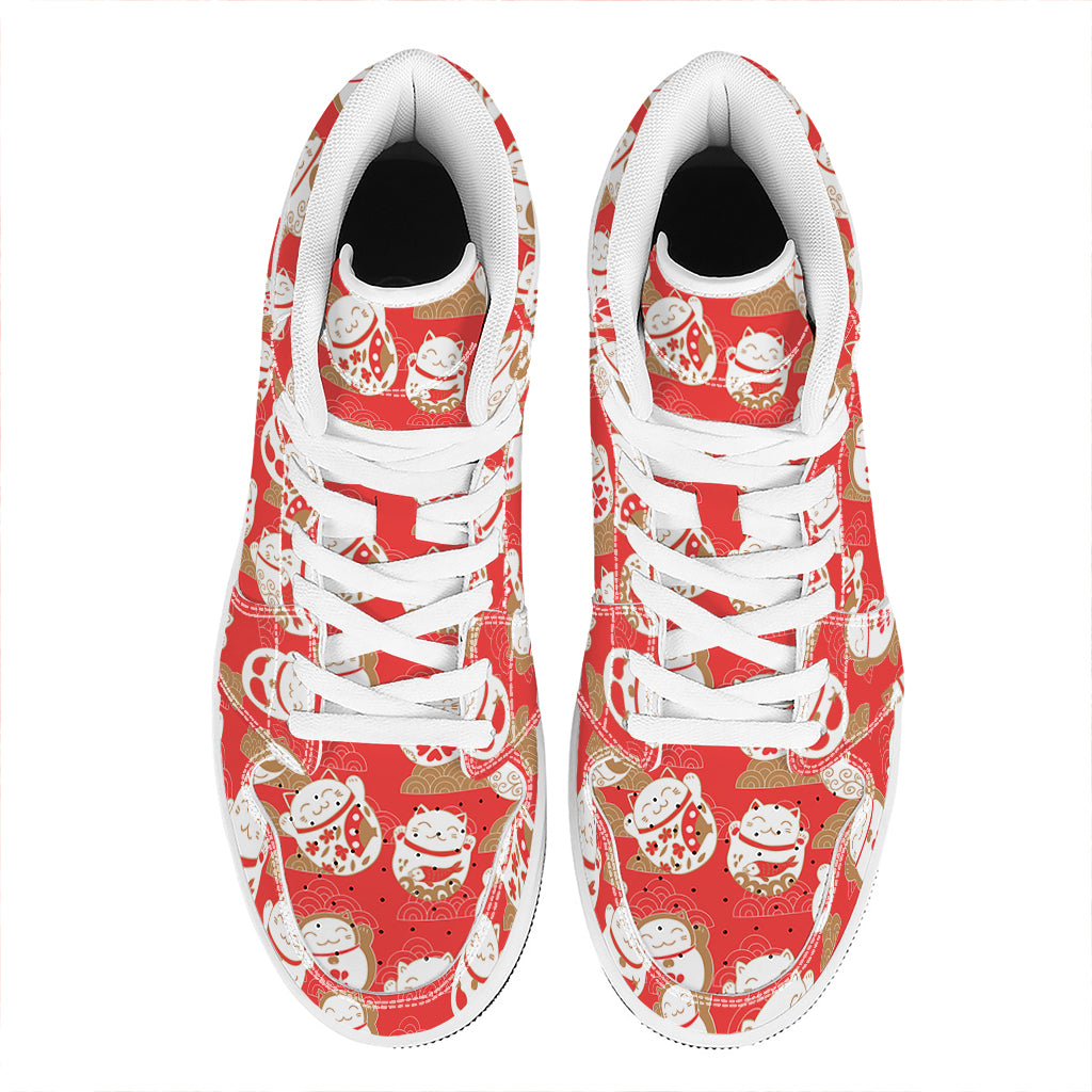 Japanese Lucky Cat Pattern Print High Top Leather Sneakers