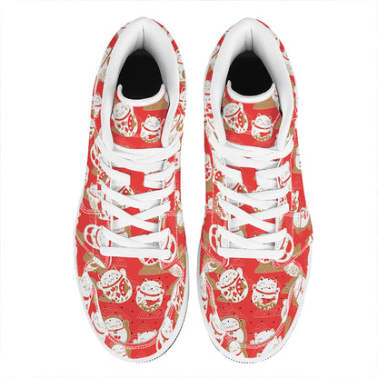 Japanese Lucky Cat Pattern Print High Top Leather Sneakers