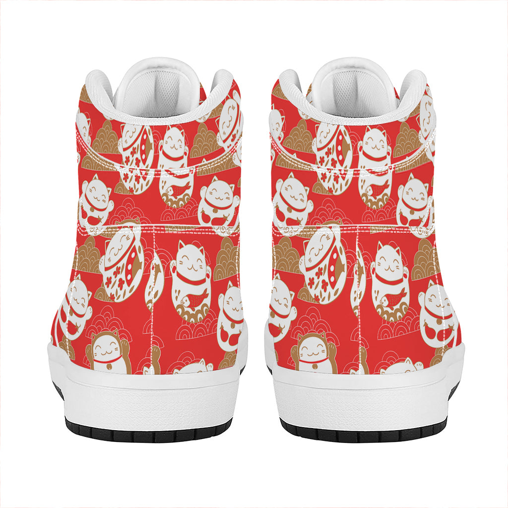 Japanese Lucky Cat Pattern Print High Top Leather Sneakers