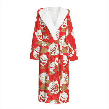 Japanese Lucky Cat Pattern Print Hooded Bathrobe