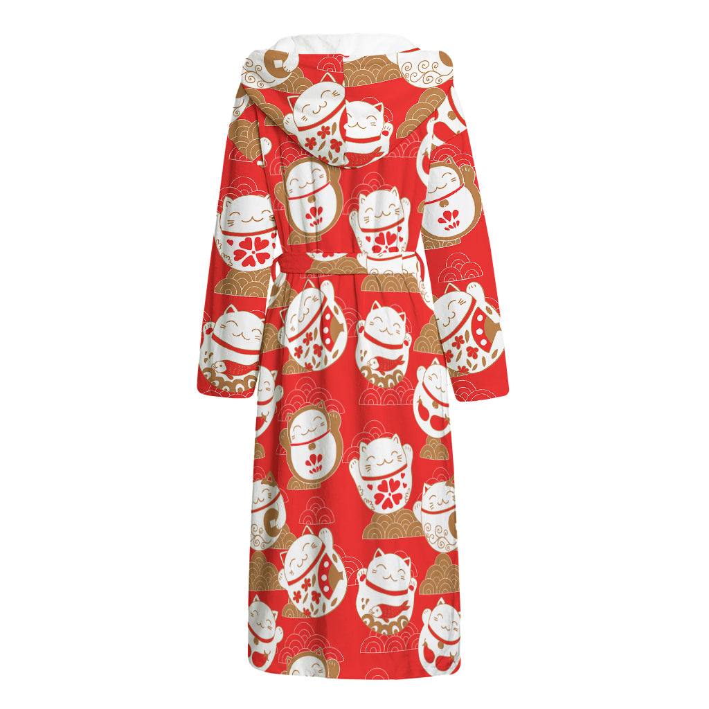 Japanese Lucky Cat Pattern Print Hooded Bathrobe