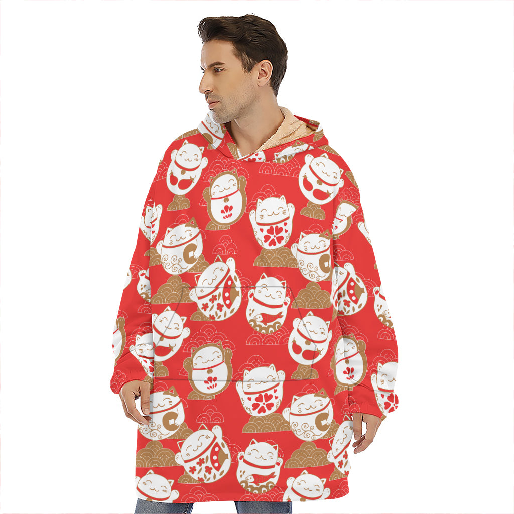 Japanese Lucky Cat Pattern Print Hoodie Blanket