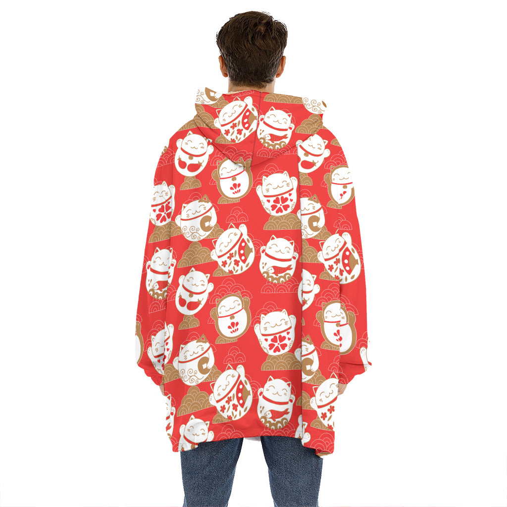 Japanese Lucky Cat Pattern Print Hoodie Blanket