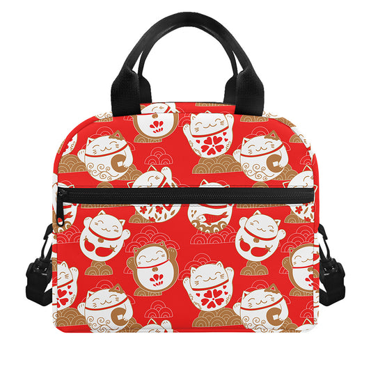 Japanese Lucky Cat Pattern Print Insulated Lunch Bag