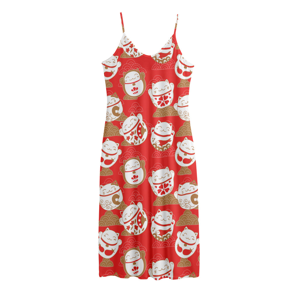 Japanese Lucky Cat Pattern Print Jersey Midi Cami Dress