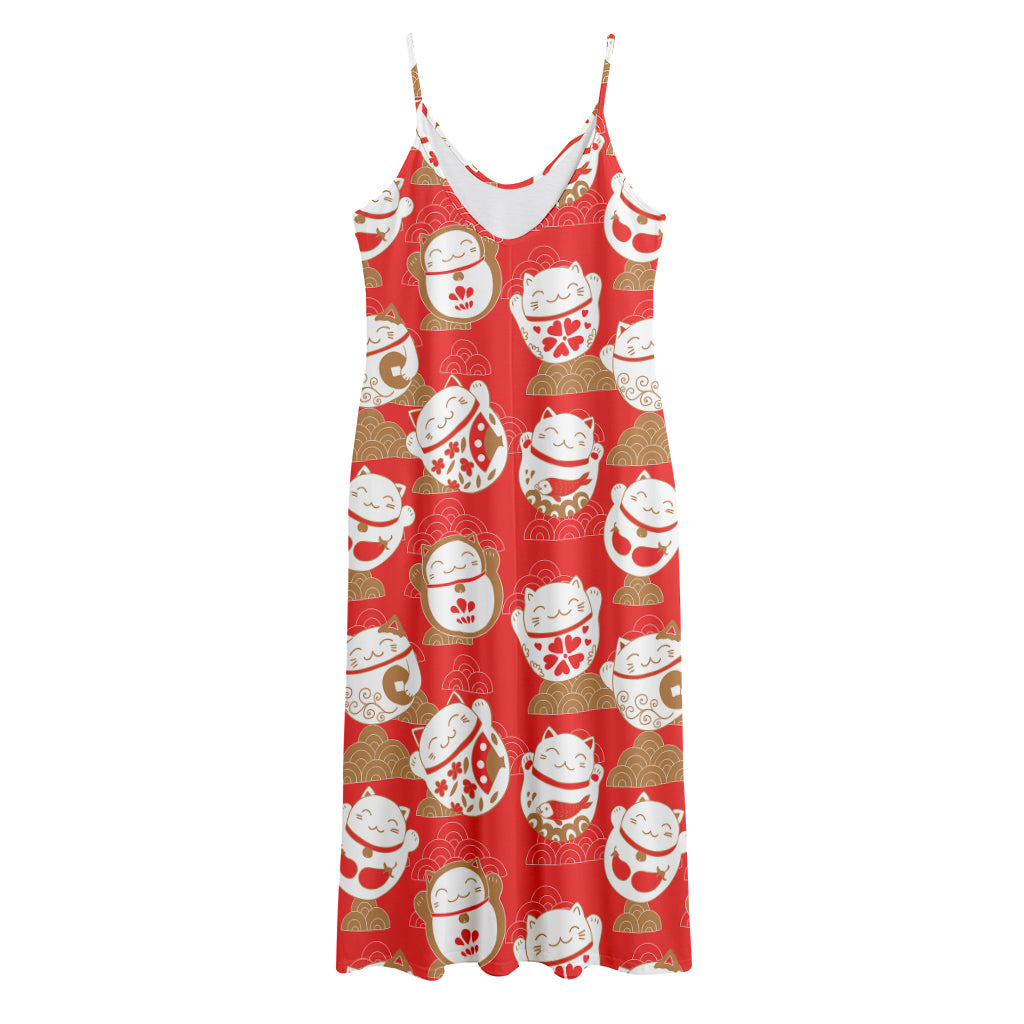 Japanese Lucky Cat Pattern Print Jersey Midi Cami Dress