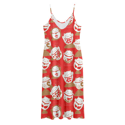 Japanese Lucky Cat Pattern Print Jersey Midi Cami Dress