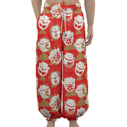 Japanese Lucky Cat Pattern Print Lantern Pants