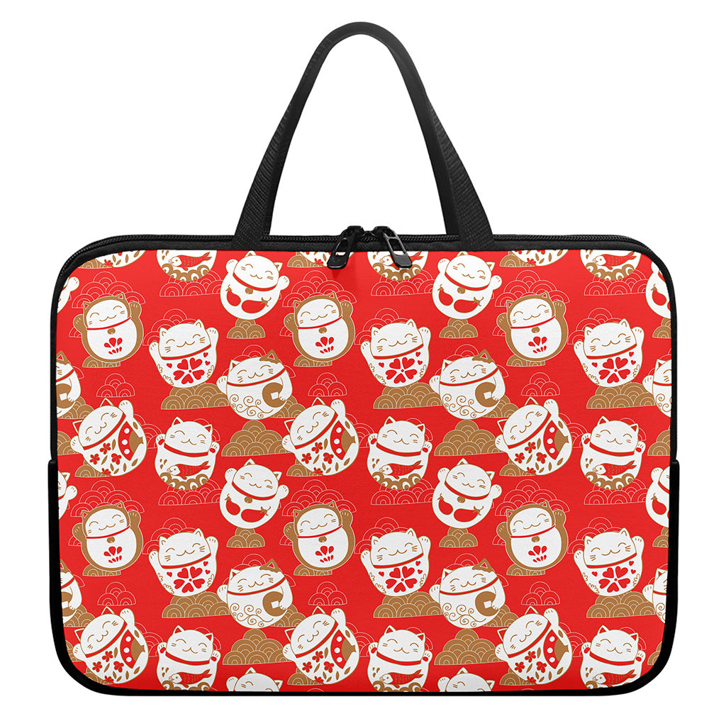 Japanese Lucky Cat Pattern Print Laptop Sleeve With Handle