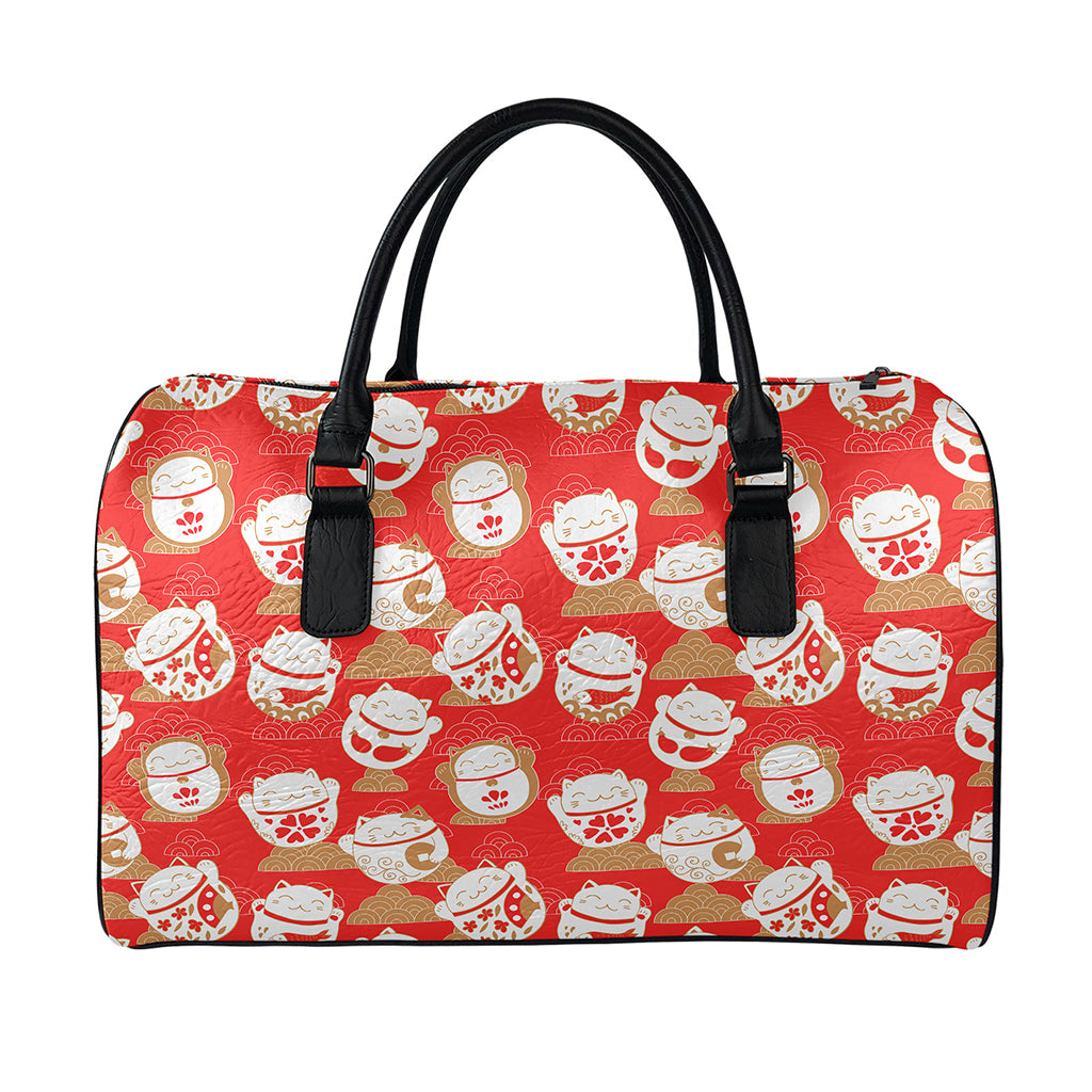 Japanese Lucky Cat Pattern Print Leather Duffle Bag