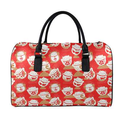 Japanese Lucky Cat Pattern Print Leather Duffle Bag