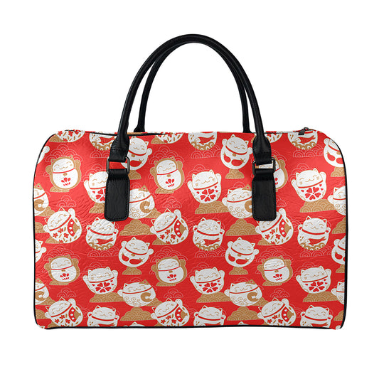 Japanese Lucky Cat Pattern Print Leather Duffle Bag