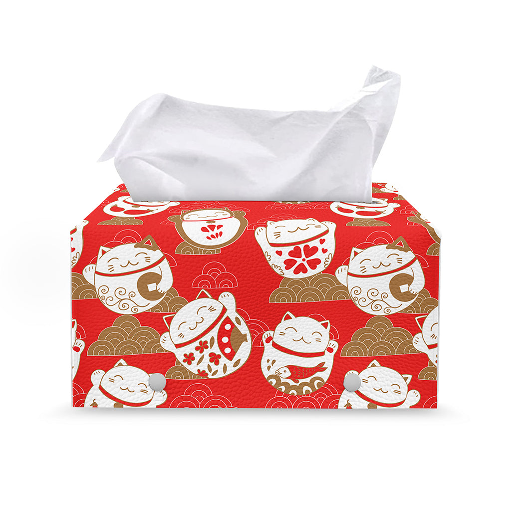 Japanese Lucky Cat Pattern Print Leather Tissue Box Cover