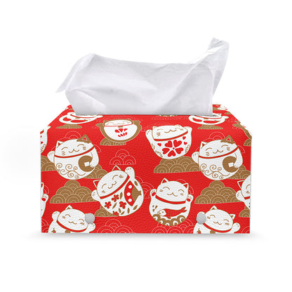 Japanese Lucky Cat Pattern Print Leather Tissue Box Cover