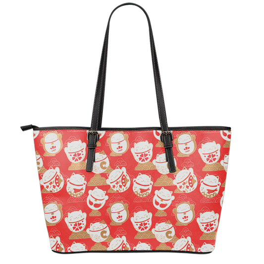 Japanese Lucky Cat Pattern Print Leather Tote Bag