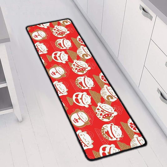 Japanese Lucky Cat Pattern Print Long Kitchen Mat