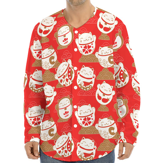 Japanese Lucky Cat Pattern Print Long Sleeve Baseball Jersey