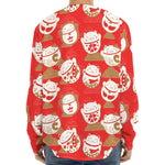 Japanese Lucky Cat Pattern Print Long Sleeve Baseball Jersey