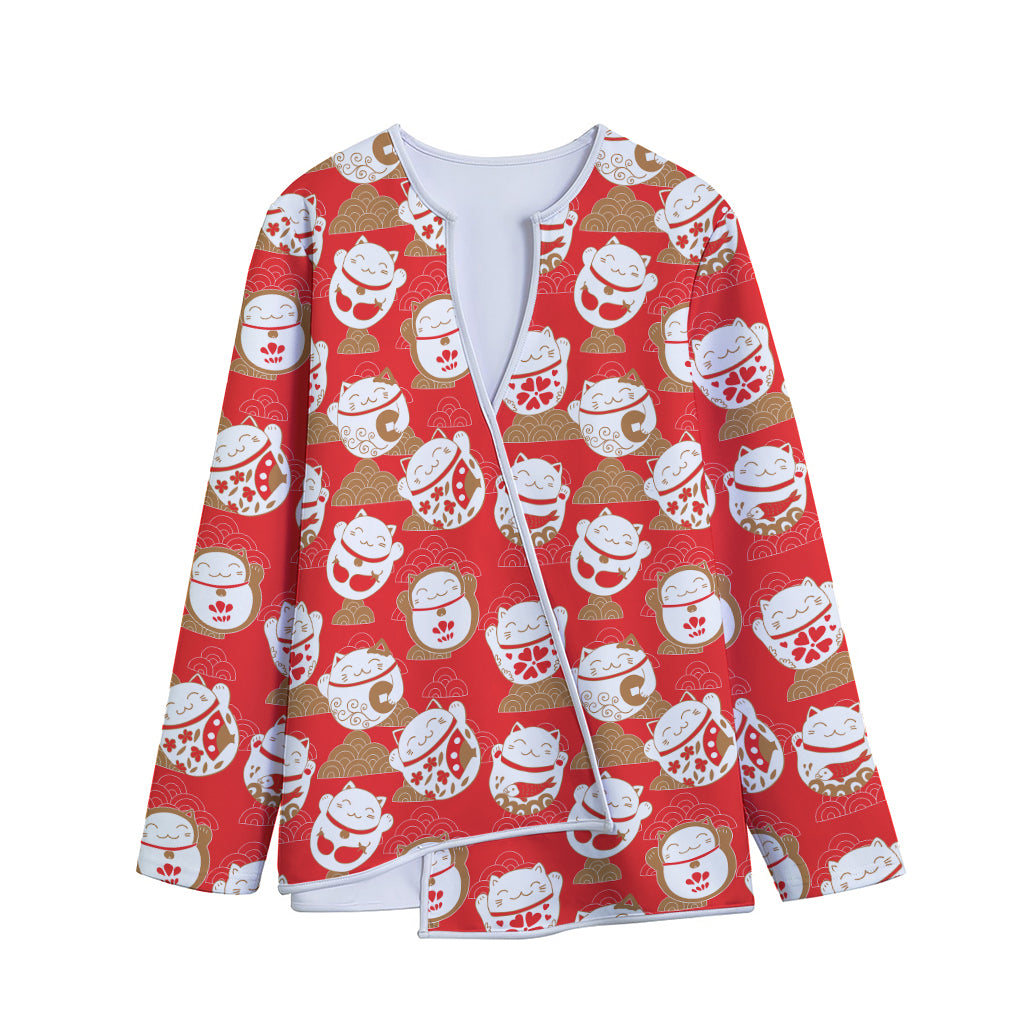 Japanese Lucky Cat Pattern Print Long Sleeve Short Coat