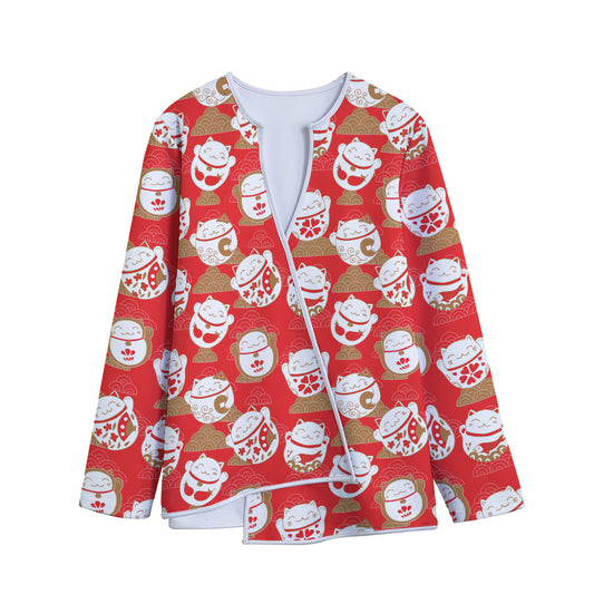 Japanese Lucky Cat Pattern Print Long Sleeve Short Coat