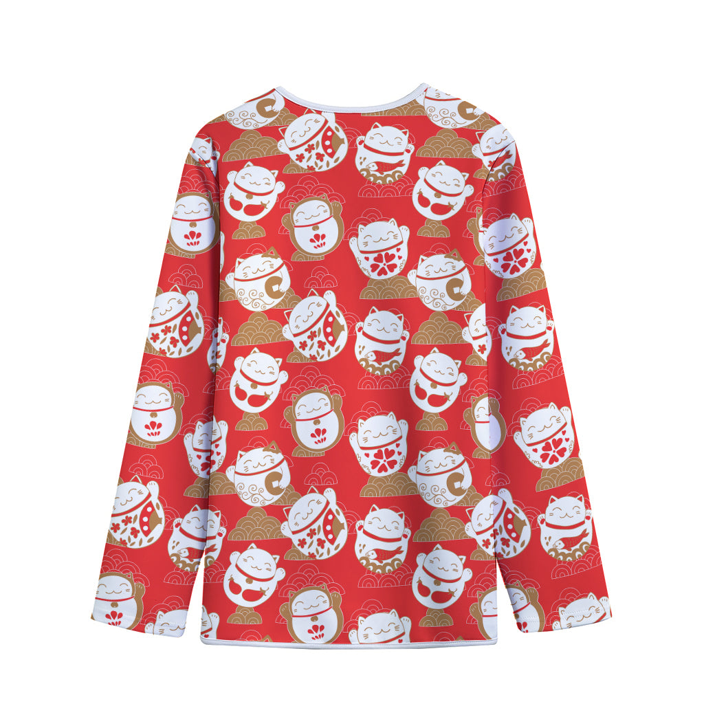 Japanese Lucky Cat Pattern Print Long Sleeve Short Coat