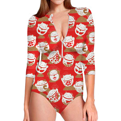 Japanese Lucky Cat Pattern Print Long Sleeve Swimsuit