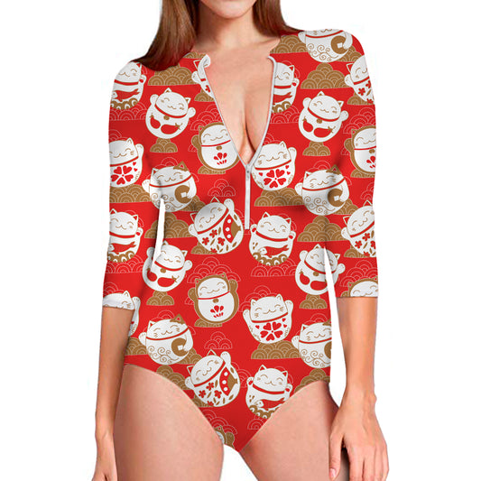 Japanese Lucky Cat Pattern Print Long Sleeve Swimsuit