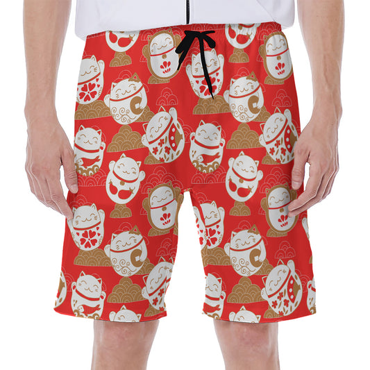 Japanese Lucky Cat Pattern Print Men's Beach Shorts