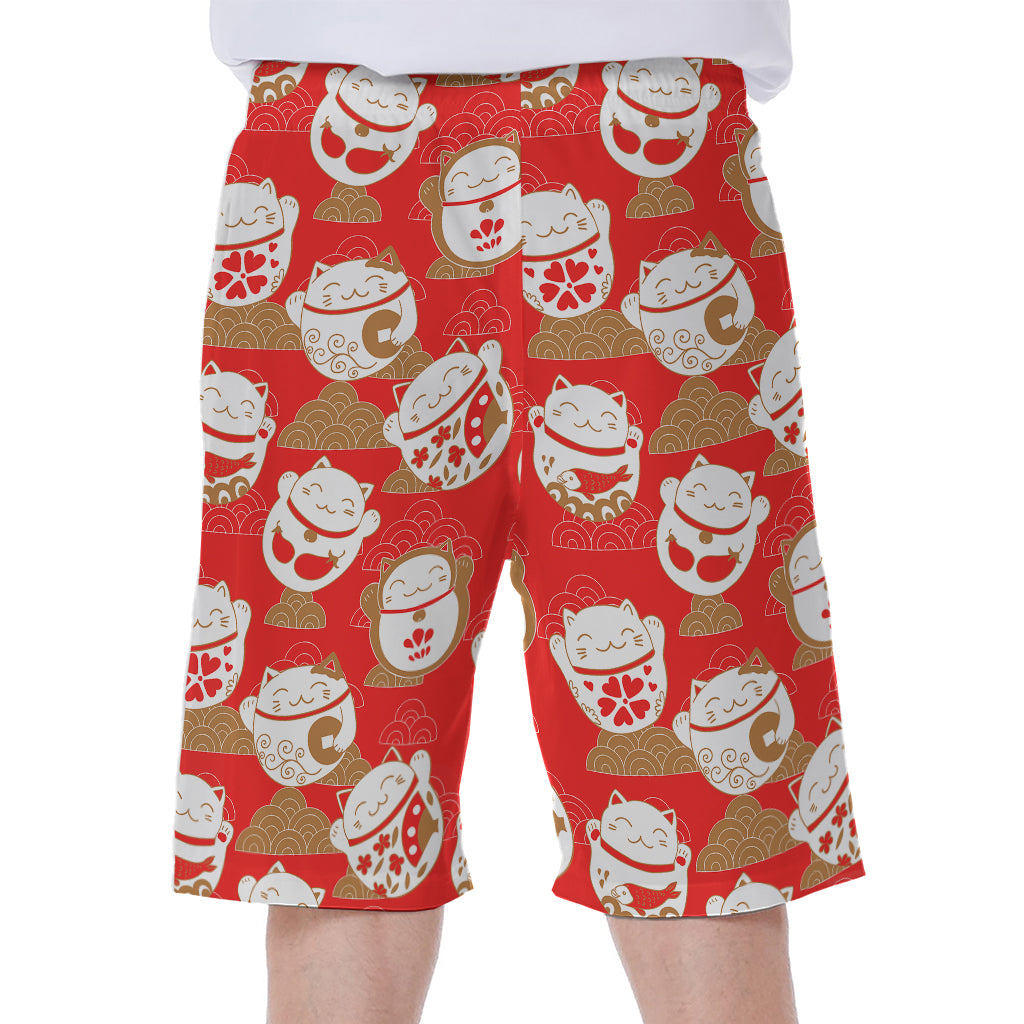 Japanese Lucky Cat Pattern Print Men's Beach Shorts