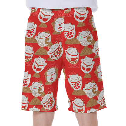 Japanese Lucky Cat Pattern Print Men's Beach Shorts