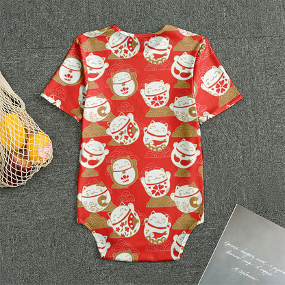 Japanese Lucky Cat Pattern Print Men's Bodysuit