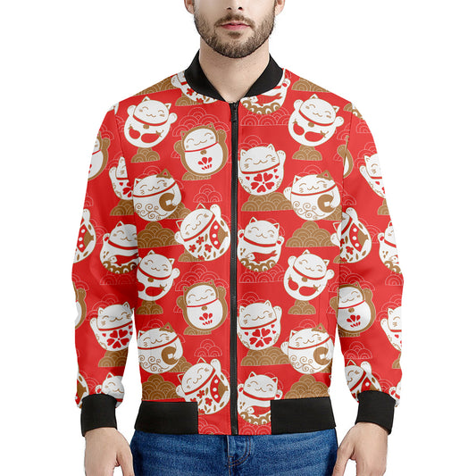 Japanese Lucky Cat Pattern Print Men's Bomber Jacket