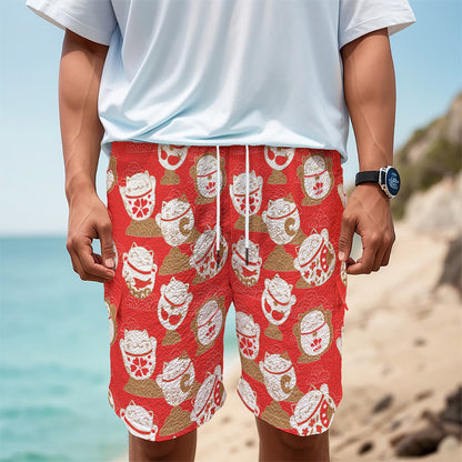 Japanese Lucky Cat Pattern Print Men's Cargo Shorts