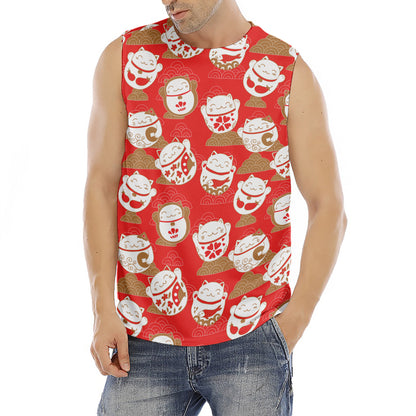 Japanese Lucky Cat Pattern Print Men's Fitness Tank Top