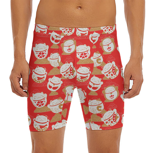 Japanese Lucky Cat Pattern Print Men's Long Boxer Briefs