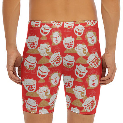 Japanese Lucky Cat Pattern Print Men's Long Boxer Briefs