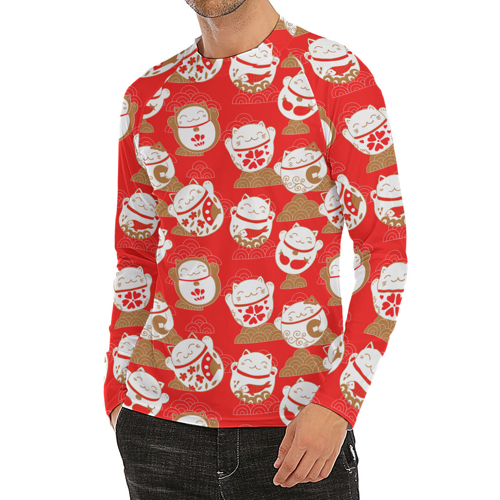 Japanese Lucky Cat Pattern Print Men's Long Sleeve Rash Guard