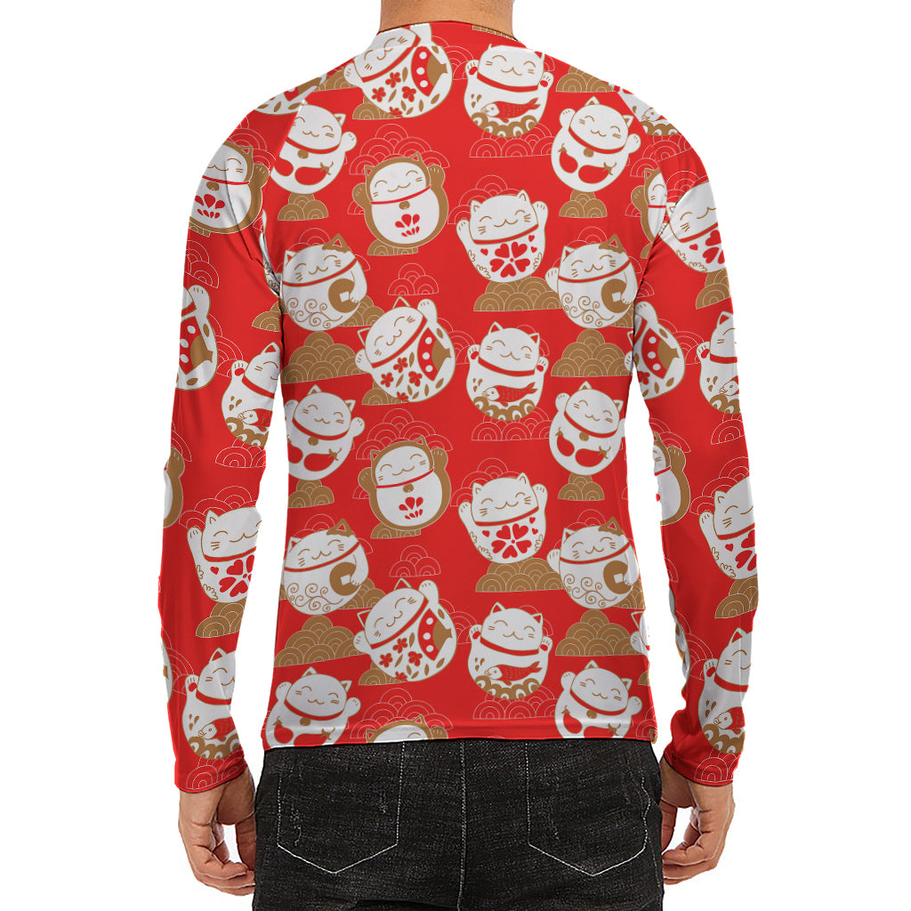 Japanese Lucky Cat Pattern Print Men's Long Sleeve Rash Guard