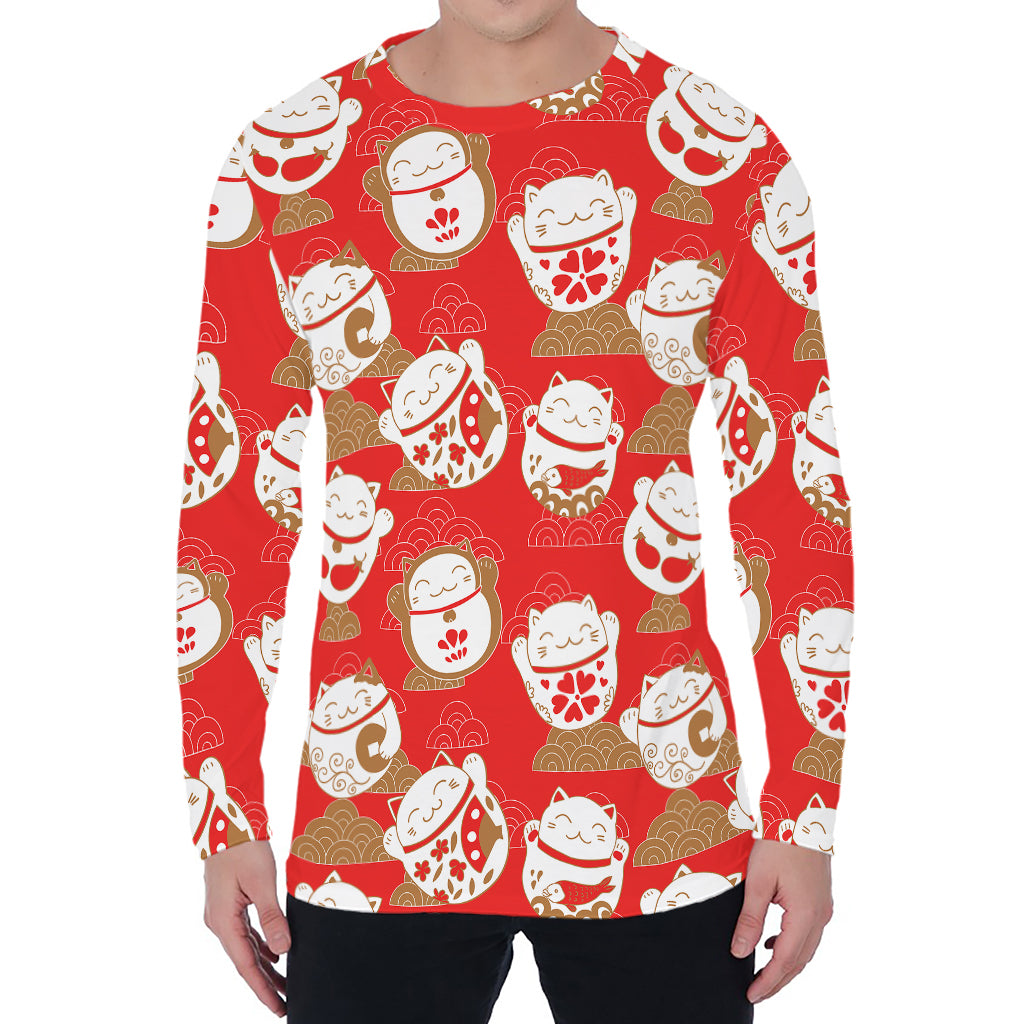 Japanese Lucky Cat Pattern Print Men's Long Sleeve T-Shirt