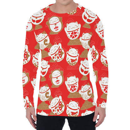 Japanese Lucky Cat Pattern Print Men's Long Sleeve T-Shirt