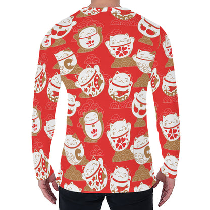 Japanese Lucky Cat Pattern Print Men's Long Sleeve T-Shirt